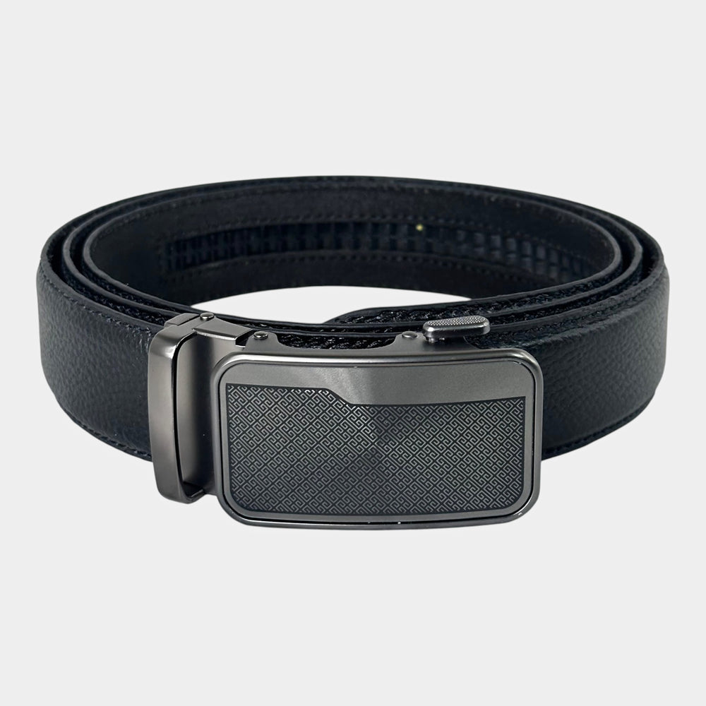 Khaskraft™ 100% Genuine Leather Black Grain Auto-Lock Belt –Greek pattern Buckle