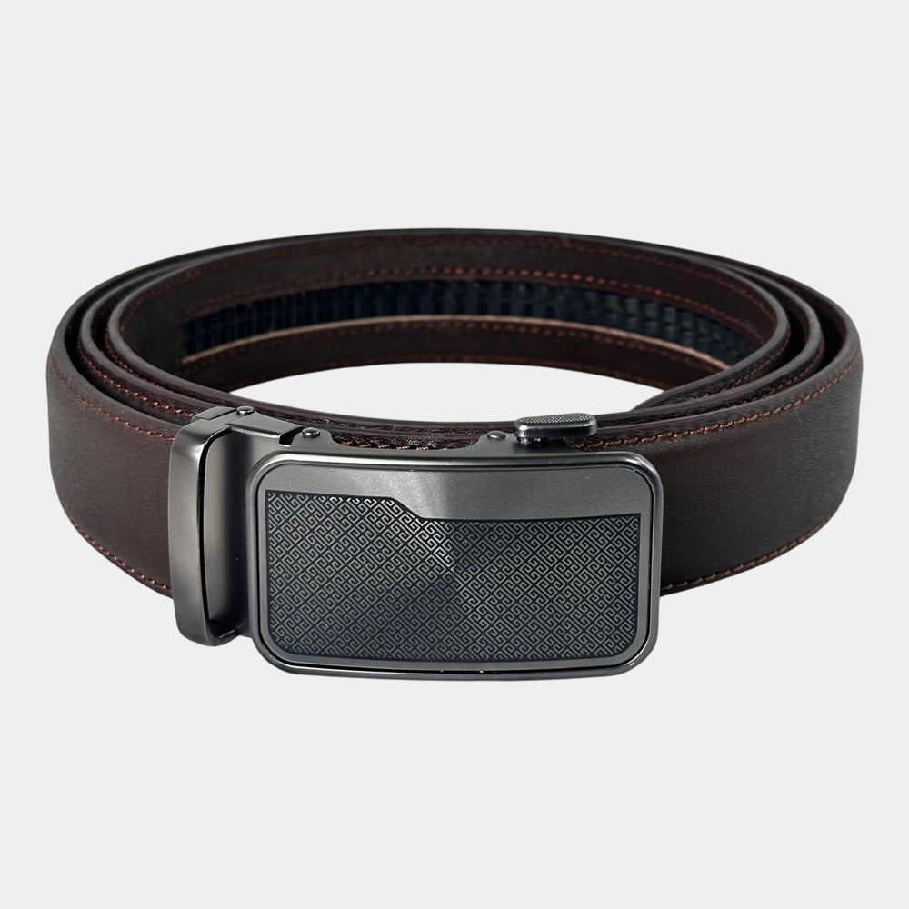 Khaskraft™ 100% Genuine Leather Brown Plain Auto-Lock Belt – Greek Pattern Buckle