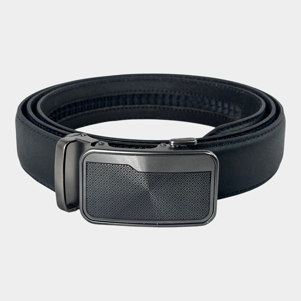 Khaskraft™ 100% Genuine Leather Black Plain Auto-Lock Belt – Greek Pattern Buckle