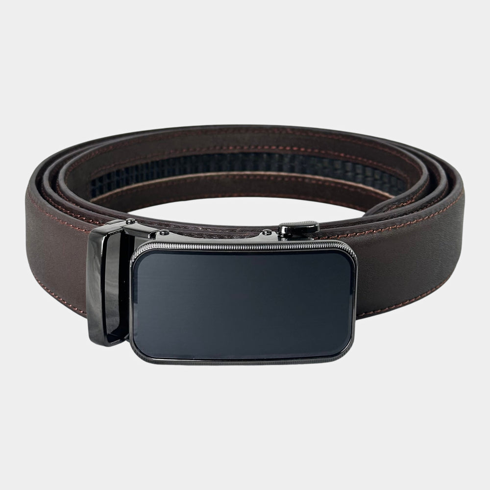 Khaskraft™ 100% Genuine Leather Brown Plain Auto-Lock Belt – Black Edge Buckle