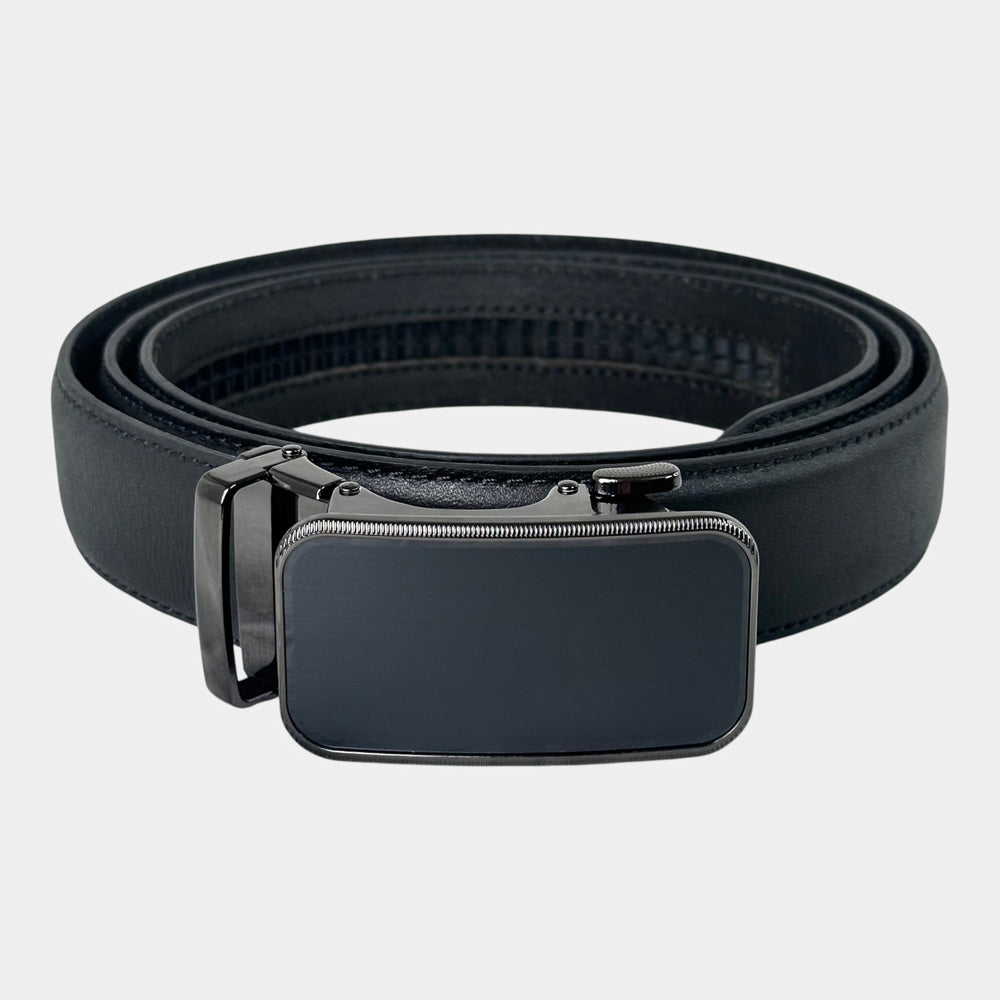 Khaskraft™ 100% Genuine Leather Black Plain Auto-Lock Belt – Black Edge Buckle