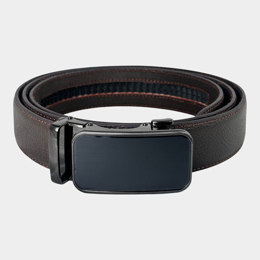 Khaskraft™ 100% Genuine Leather Brown Grain Texture Auto-Lock Belt – Black Edge Buckle