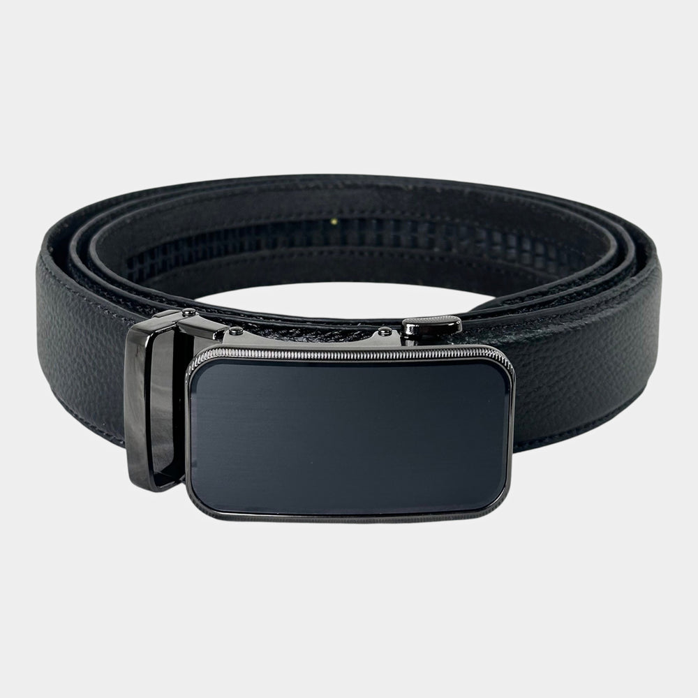 Khaskraft™ 100% Genuine Leather Black Grain Texture Auto-Lock Belt – Black Edge Buckle