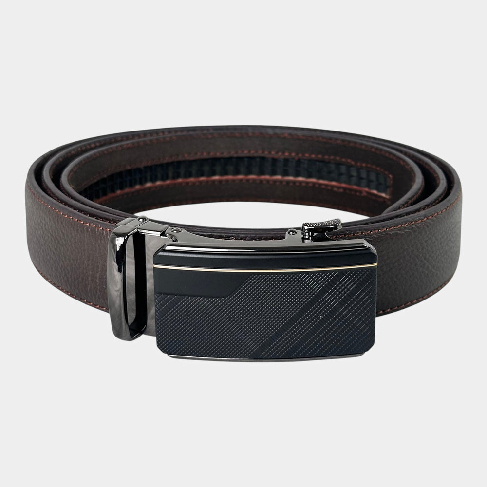 Khaskraft™ 100% Genuine Leather Brown Grain Texture Auto-Lock Belt – Matrix Gold Buckle