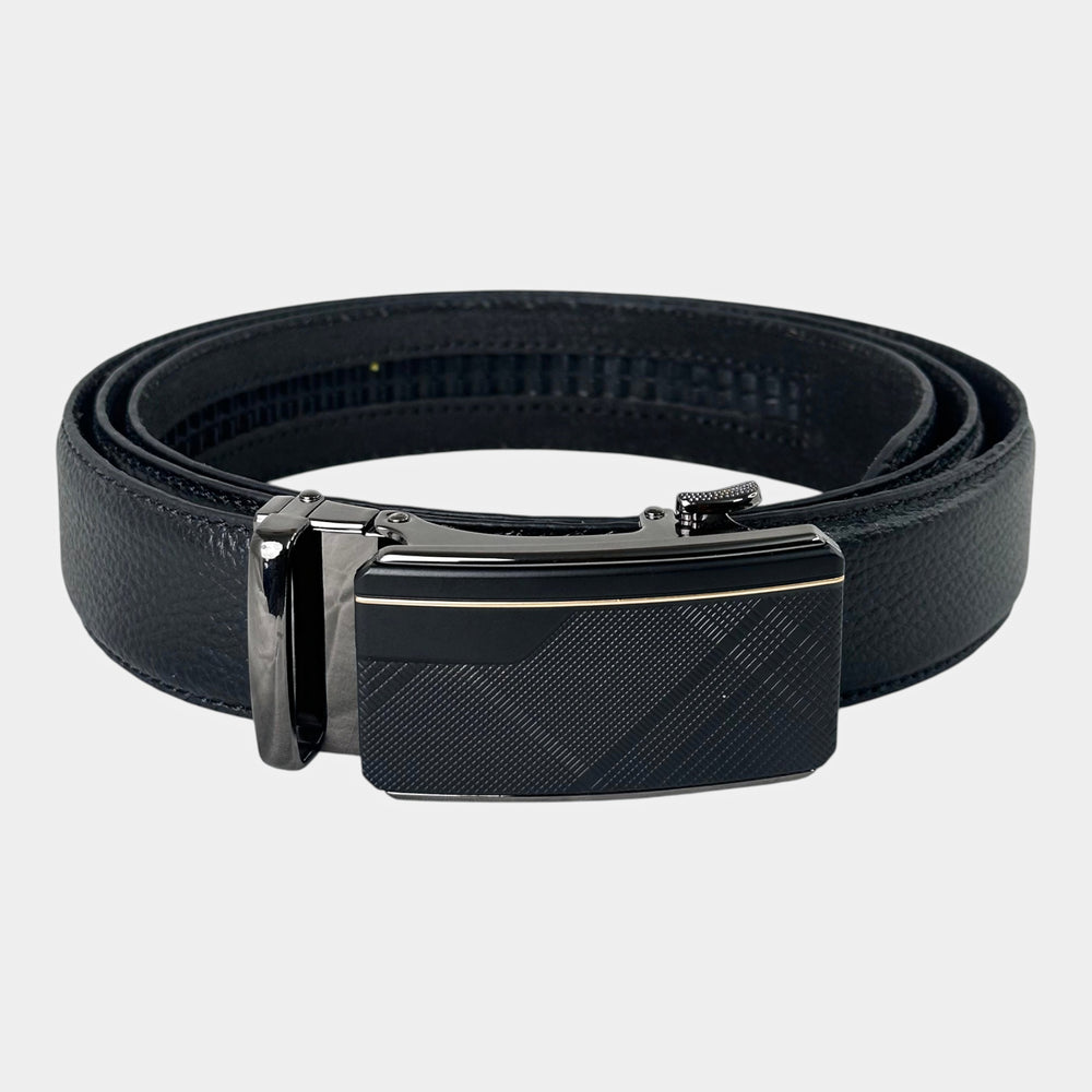 Khaskraft™ 100% Genuine Leather Black Grain Texture Auto-Lock Belt – Matrix Gold Buckle