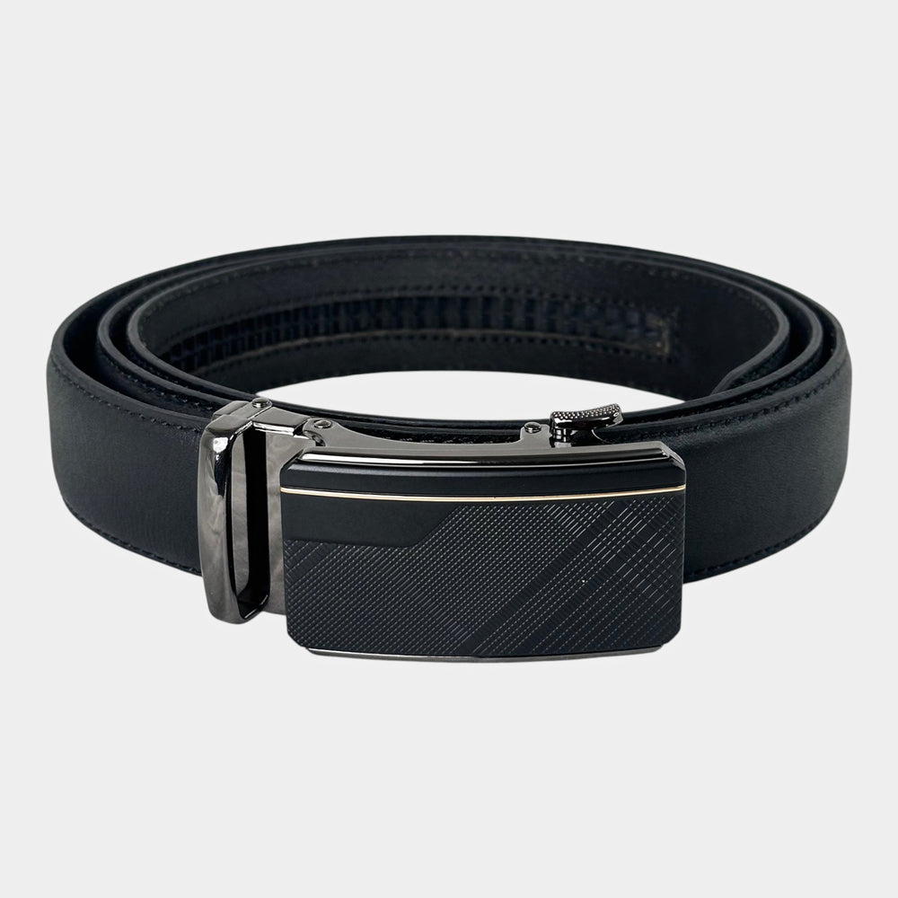 Khaskraft™ 100% Genuine Leather Black Plain Auto-Lock Belt – Matrix Gold Buckle