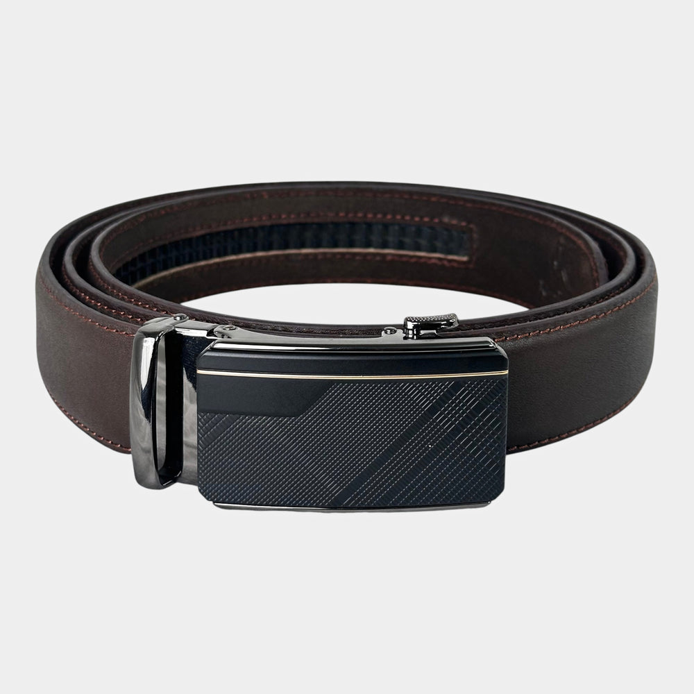 Khaskraft™ 100% Genuine Leather Brown Plain Auto-Lock Belt – Matrix Gold Buckle
