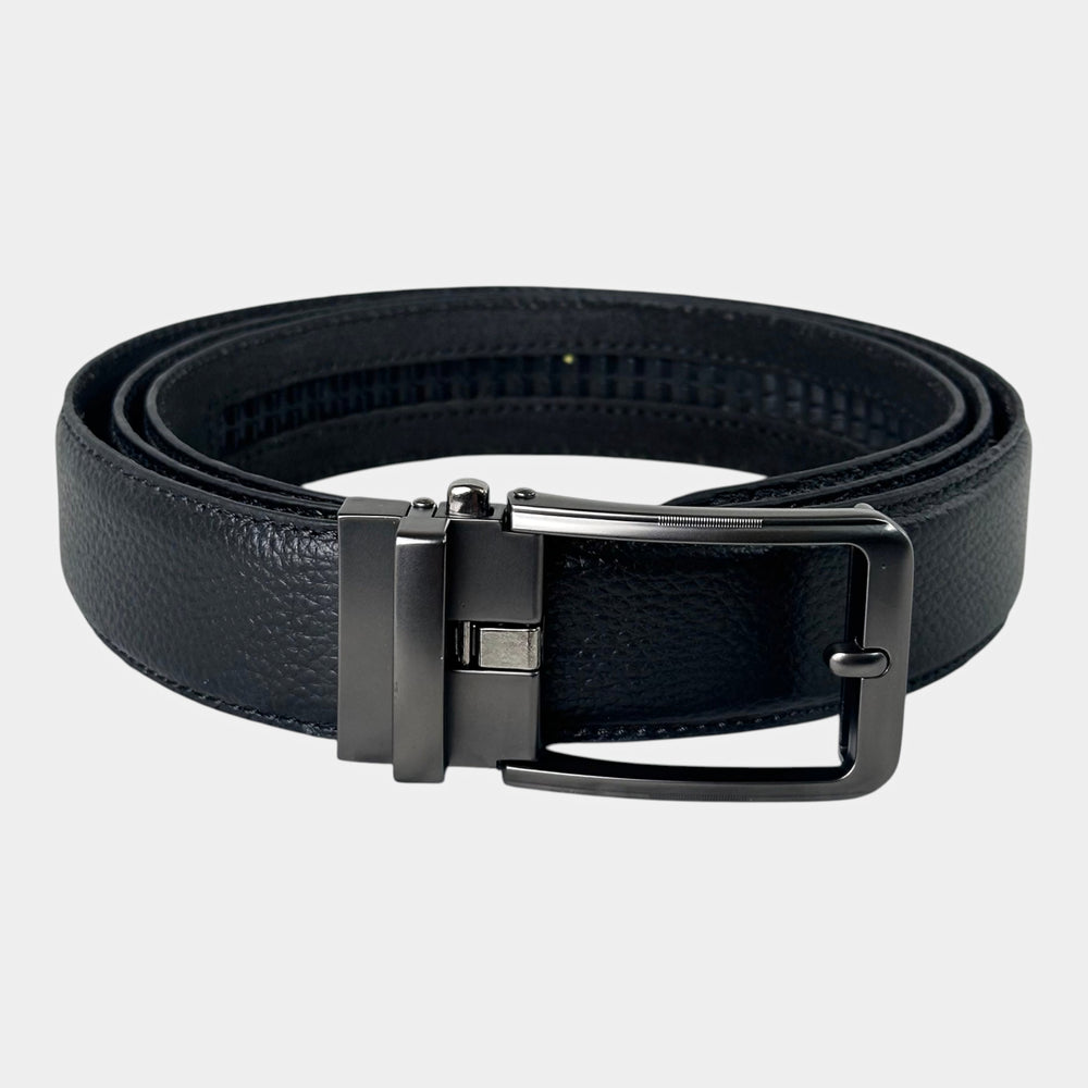 Khaskraft™ 100% Genuine Leather Black Grain Texture Auto-Lock Belt – Smoky Plain Buckle
