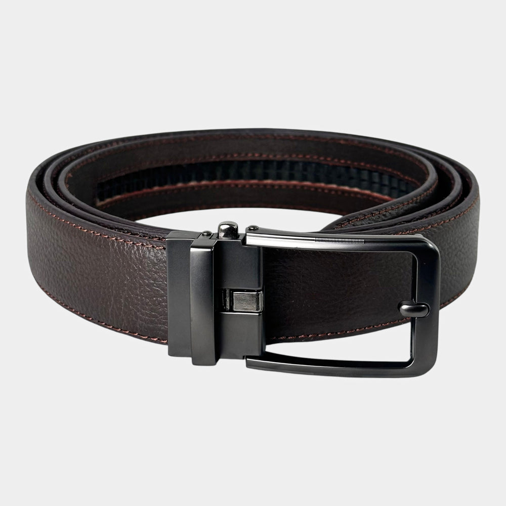 Khaskraft™ 100% Genuine Leather Brown Grain Texture Auto-Lock Belt – Smoky Plain Buckle