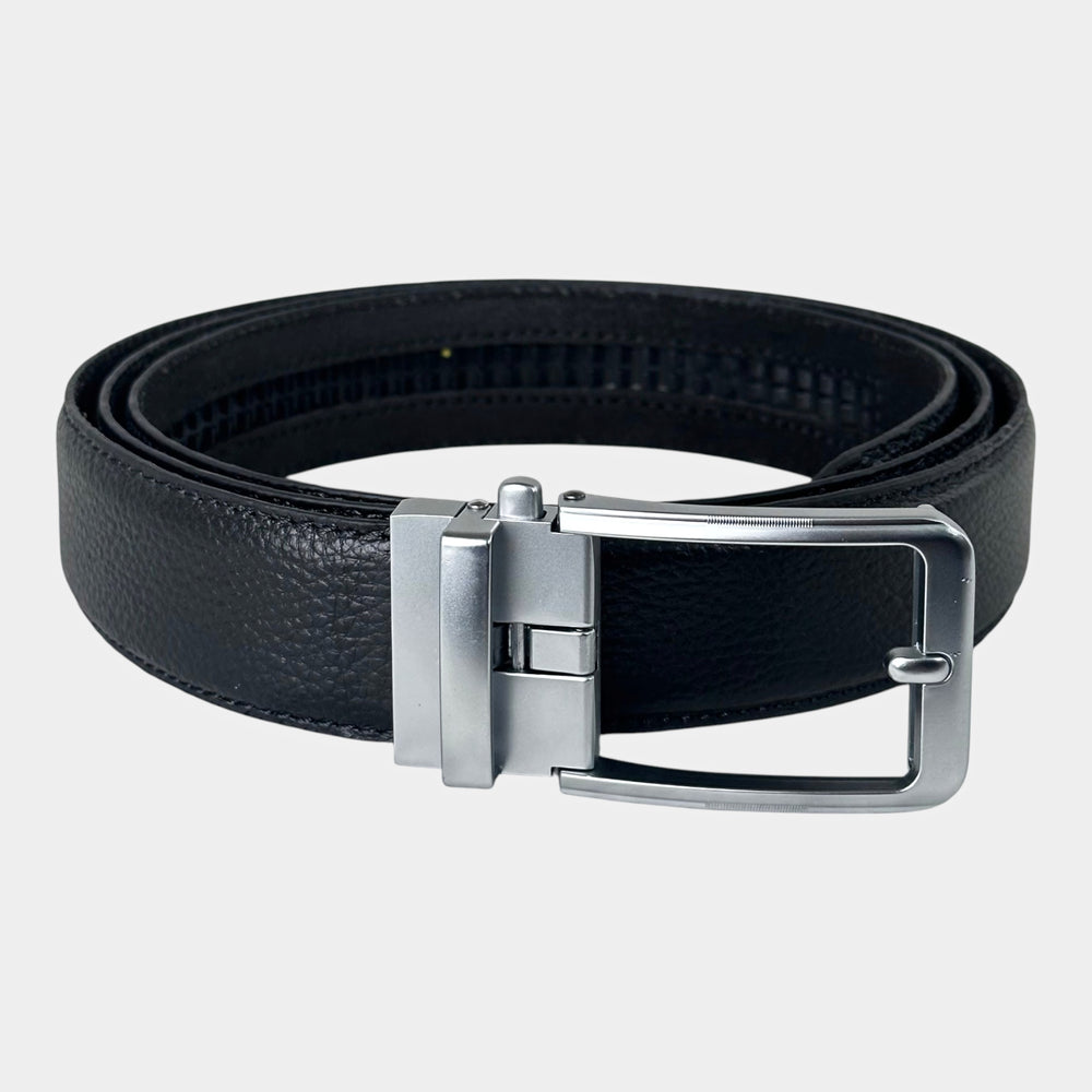 Khaskraft™ 100% Genuine Leather Black Grain Texture Auto-Lock Belt –Silver Plain Buckle