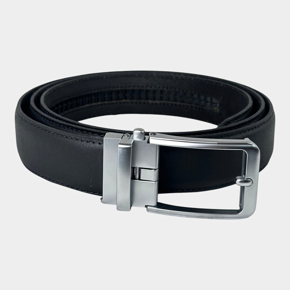 Khaskraft™ 100% Genuine Leather Black Plain Auto-Lock Belt –Silver Plain Buckle