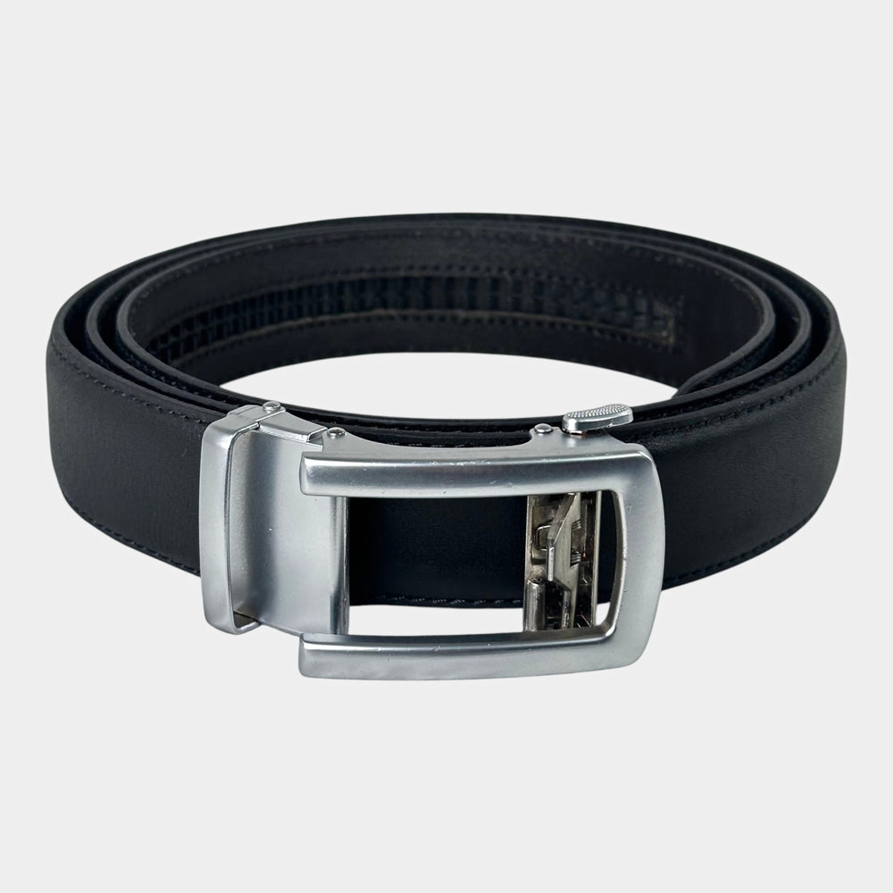 Khaskraft™ 100% Genuine Leather Black Plain Auto-Lock Belt – Silver Gunmetal Buckle