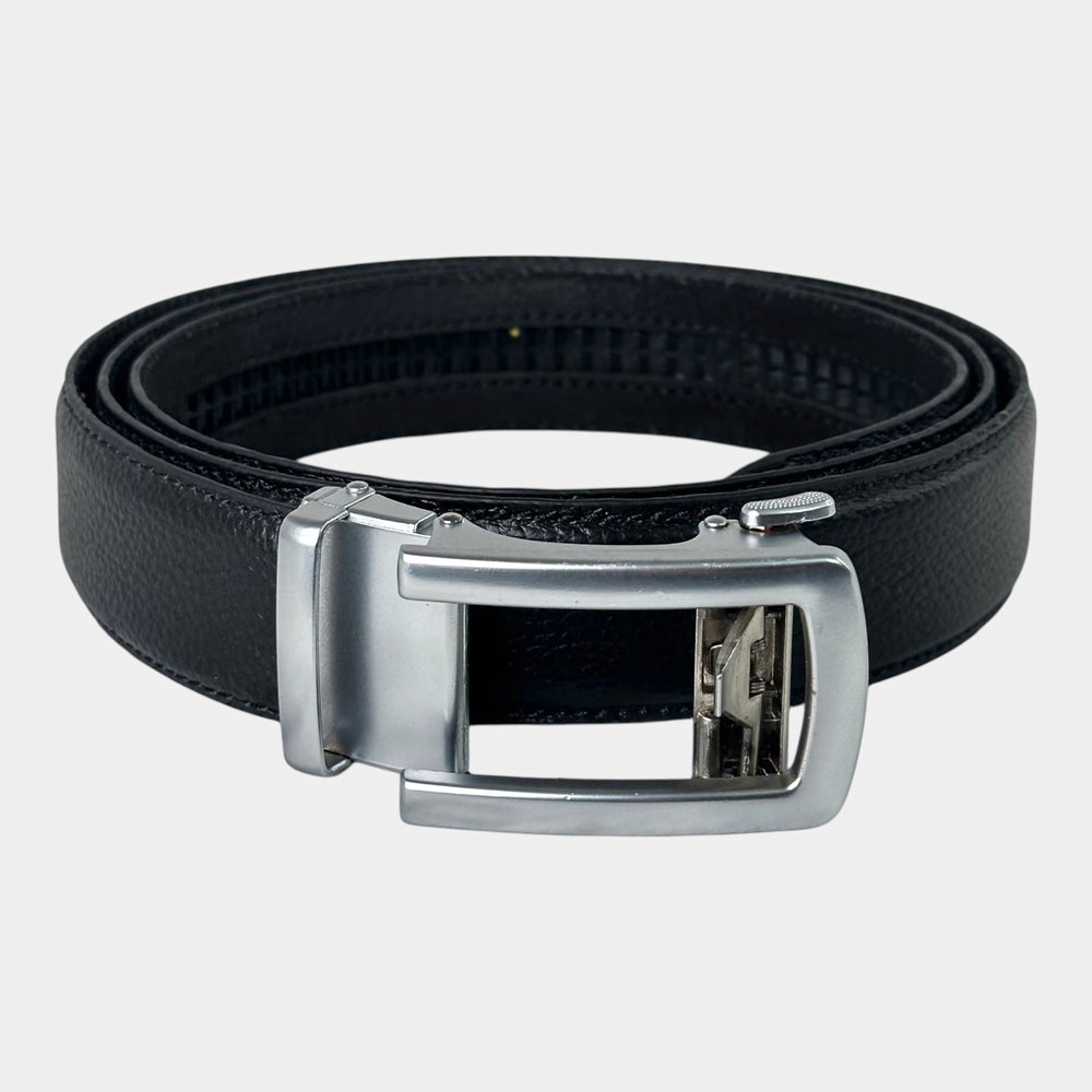Khaskraft™ 100% Genuine Leather Black Grain Texture Auto-Lock Belt – Silver Gunmetal Buckle