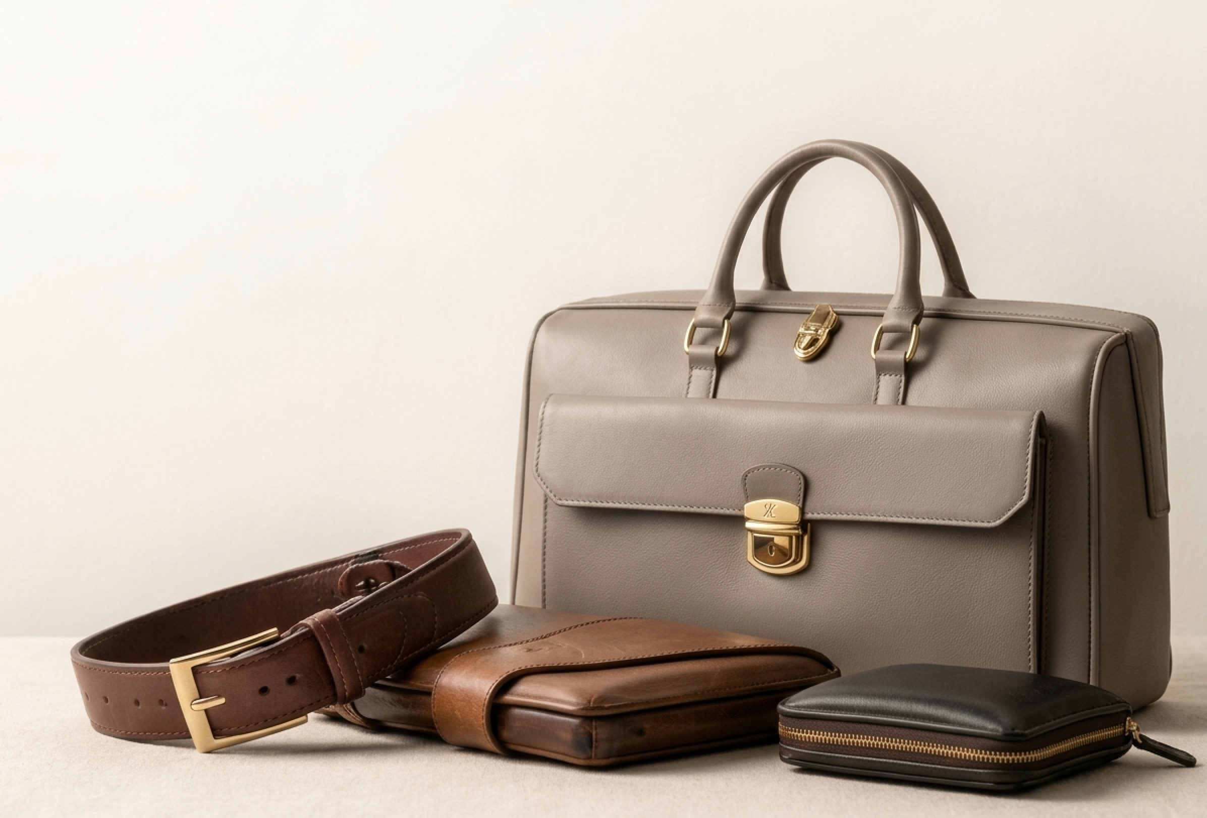 KhasKraft leather goods collection — briefcase, belt, wallet